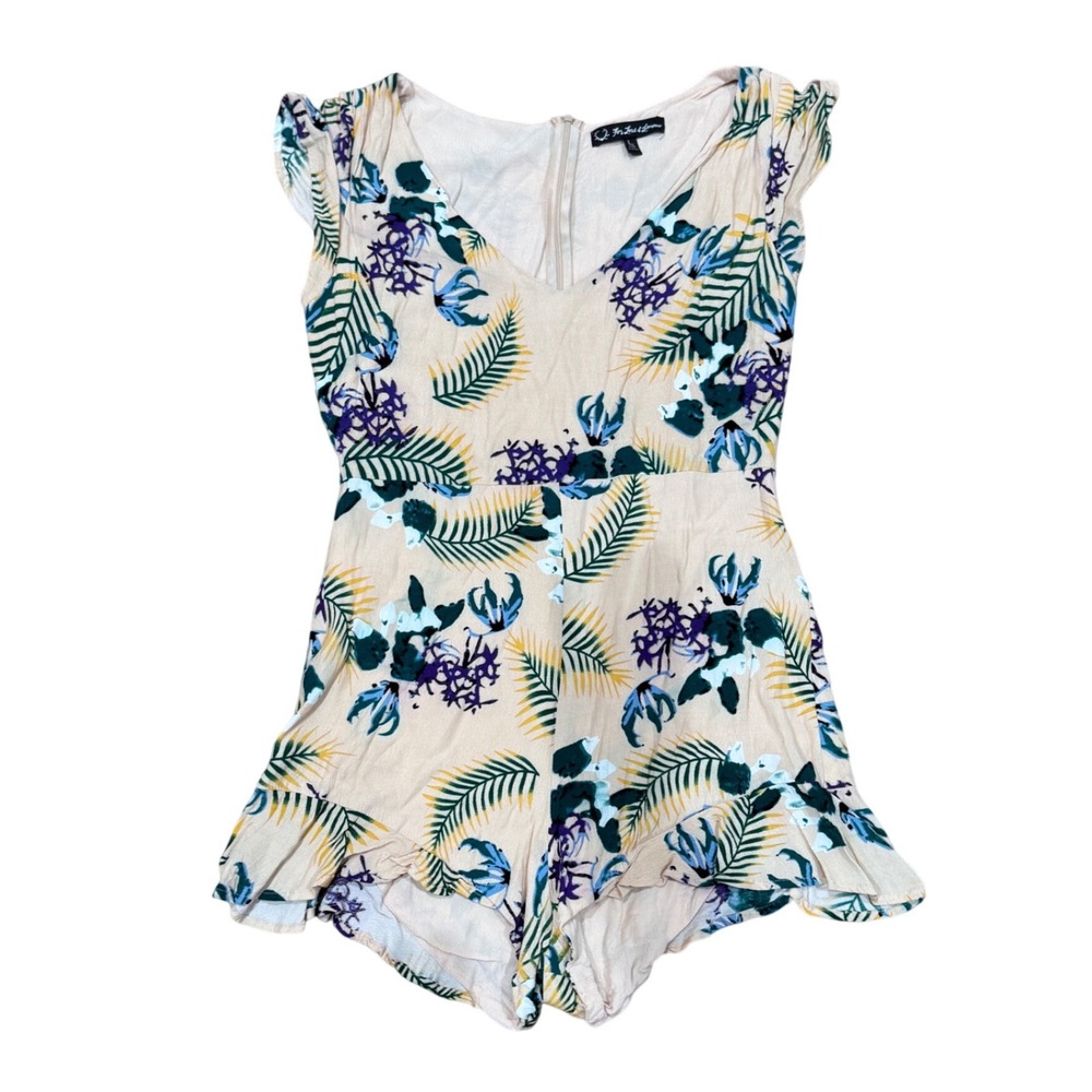 For Love & Lemons Pina Colada Romper Tropical Floral Ruffle Tan Large L Resort